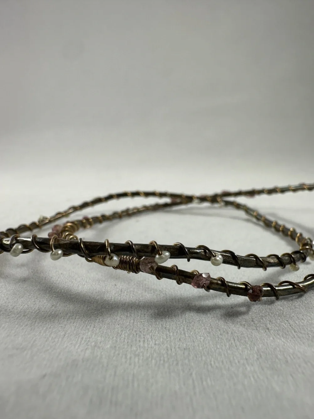 Set of 2 Wire-Wrapped Bangle Bracelets with Pink Tourmaline & Pearl Beads